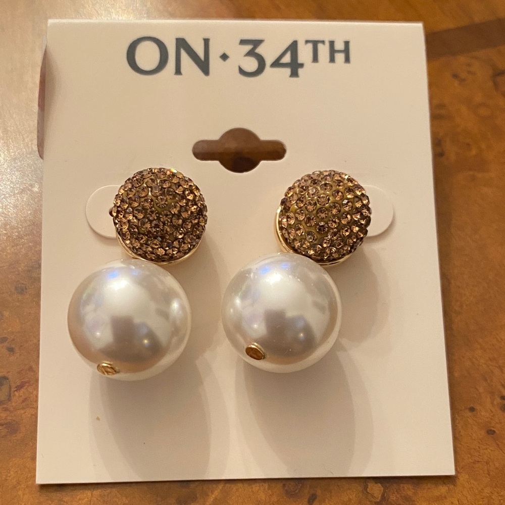 ON 34th Gold and White Pearl Stud Earrings